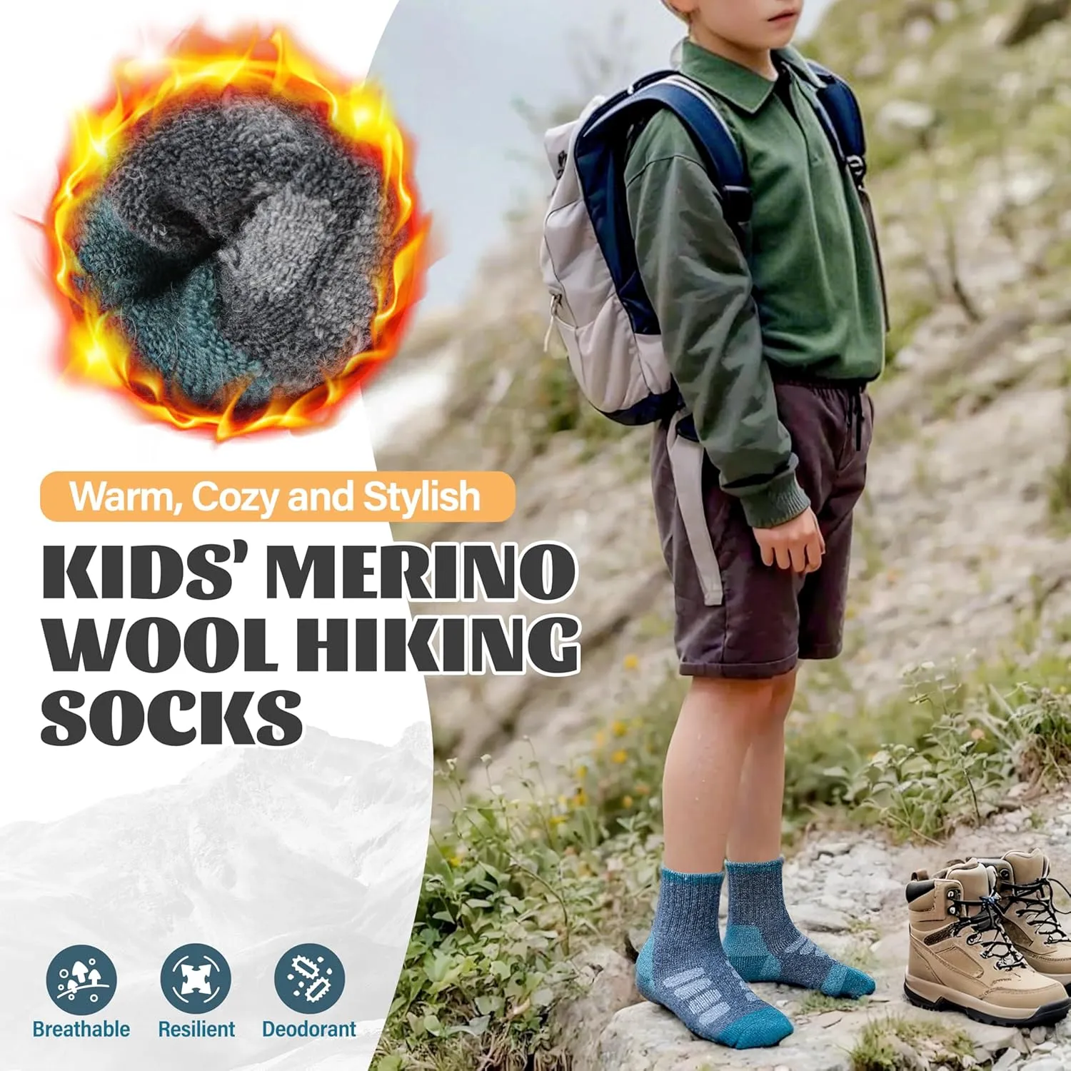 Anlisim Kids Merino Wool Hiking Socks Boys Girls Toddlers Thermal Winter Warm Boot Thick Cushion Gift Socks 6 Pairs