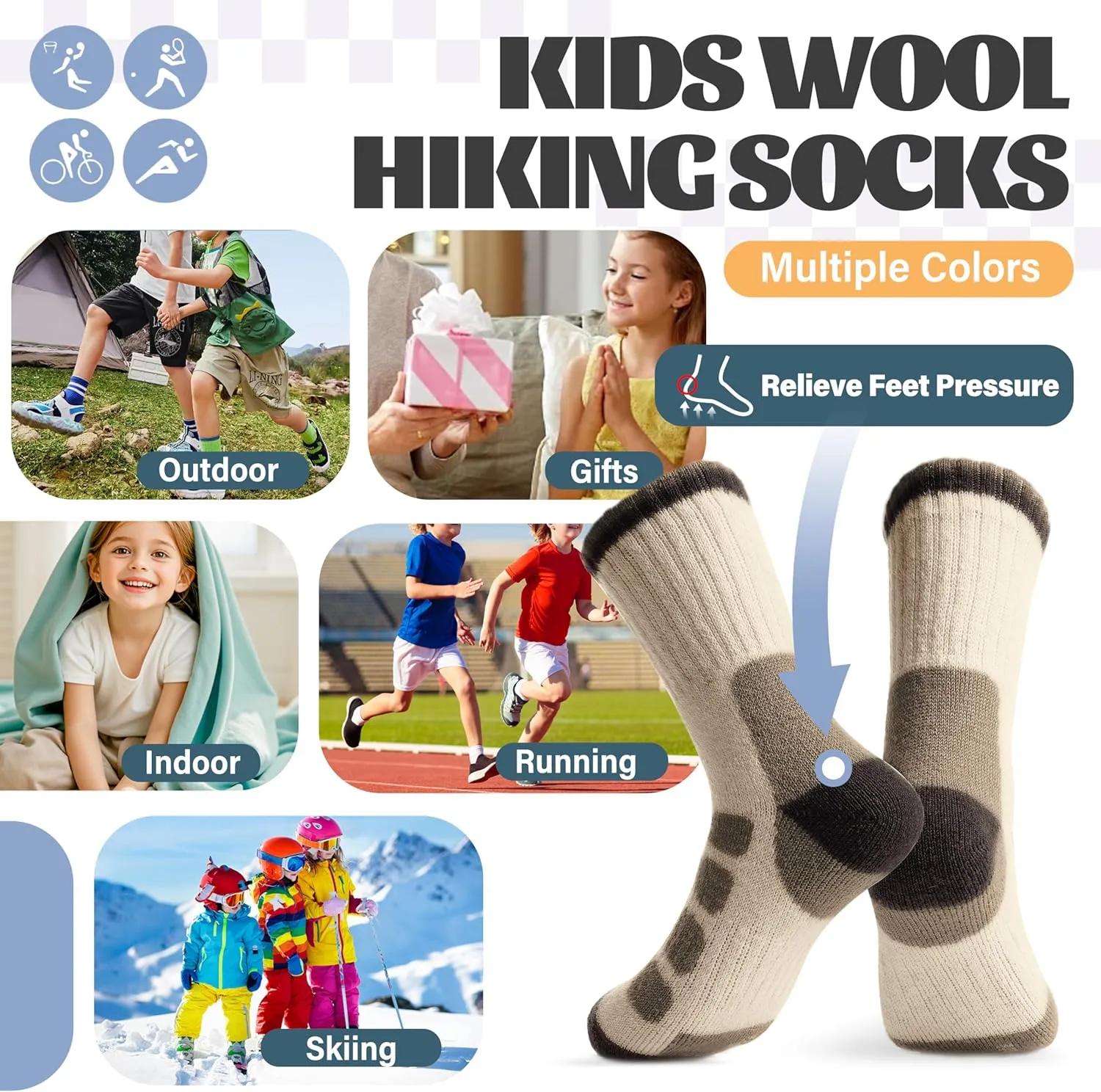 Anlisim Kids Merino Wool Hiking Socks Boys Girls Toddlers Thermal Winter Warm Boot Thick Cushion Gift Socks 6 Pairs