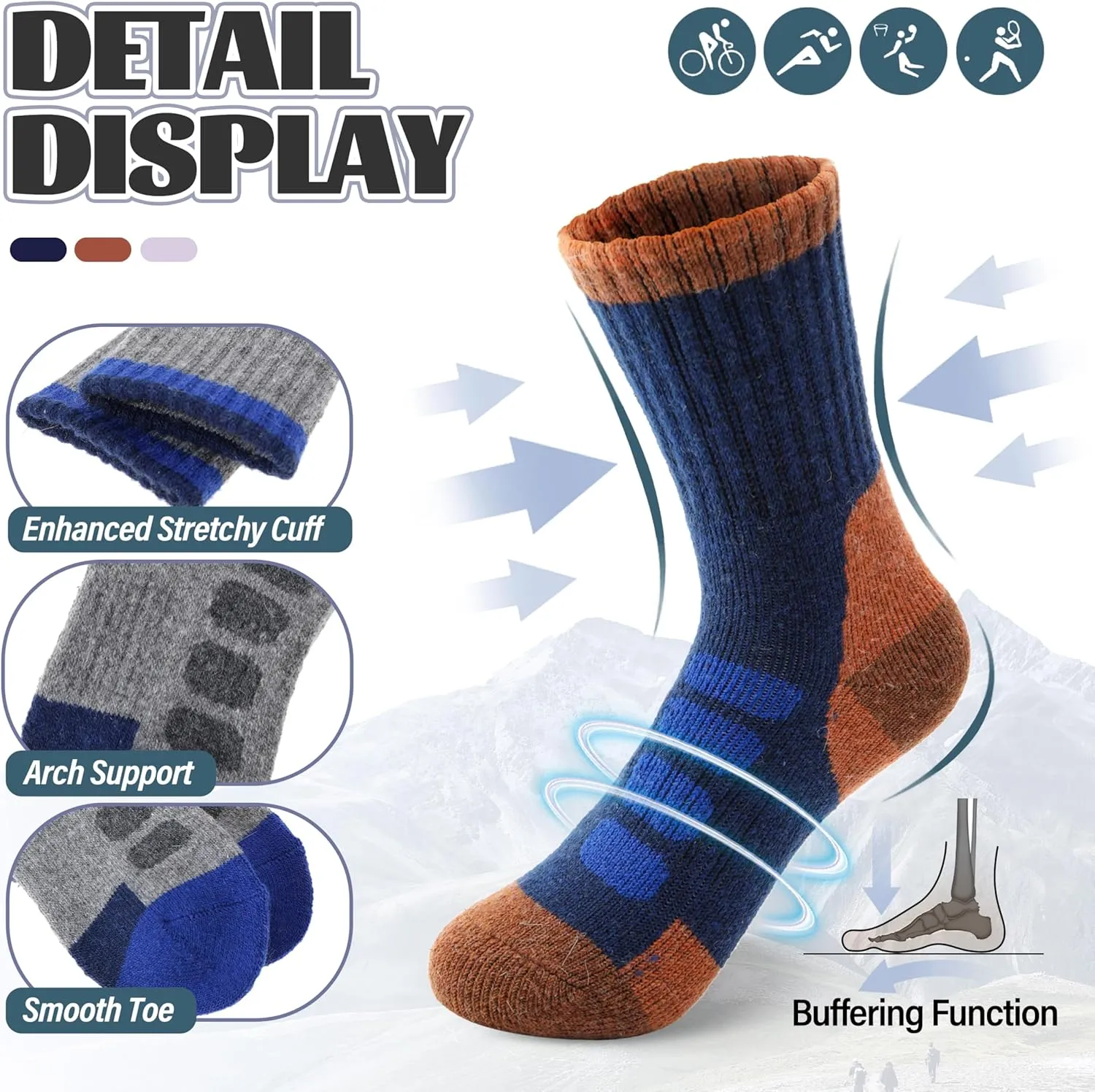Anlisim Kids Merino Wool Hiking Socks Boys Girls Toddlers Thermal Winter Warm Boot Thick Cushion Gift Socks 6 Pairs