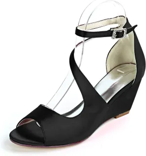 Anna's Bridal Women's Wedding Shoes for Bride Wedge Low Heel Satin Peep Toe S Strap Prom Party Evening Shoes Pumps Sandals