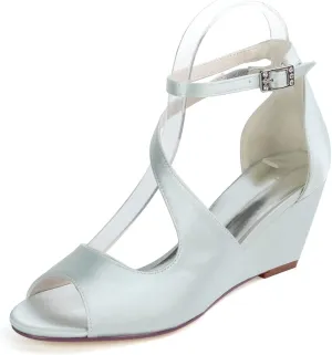 Anna's Bridal Women's Wedding Shoes for Bride Wedge Low Heel Satin Peep Toe S Strap Prom Party Evening Shoes Pumps Sandals