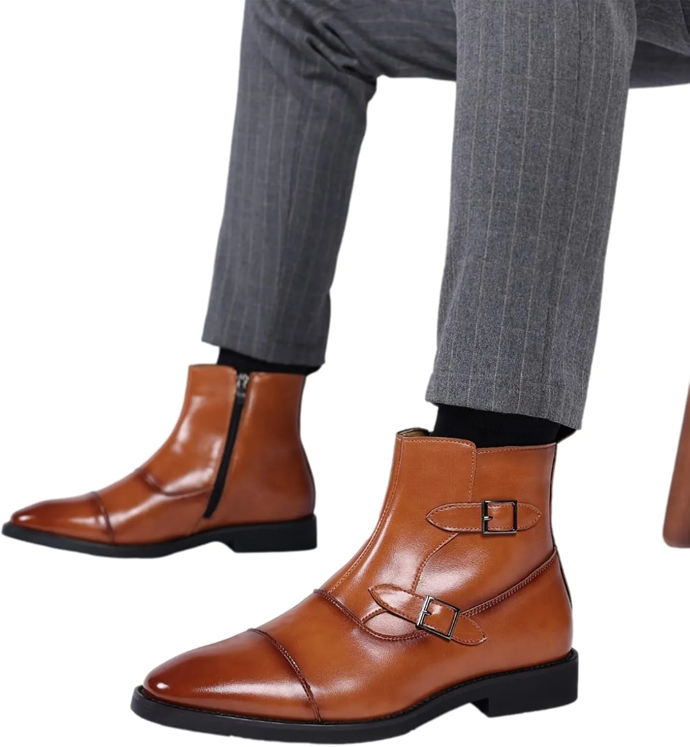 ANUFER Men's Elegant Pointed Toe Buckle Straps Zipper Ankle Boots Faux Leather Dress Boots