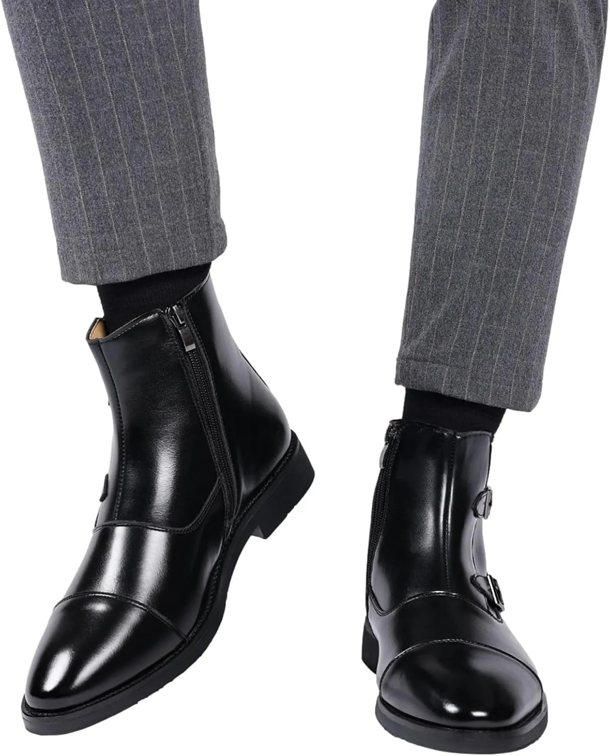 ANUFER Men's Elegant Pointed Toe Buckle Straps Zipper Ankle Boots Faux Leather Dress Boots