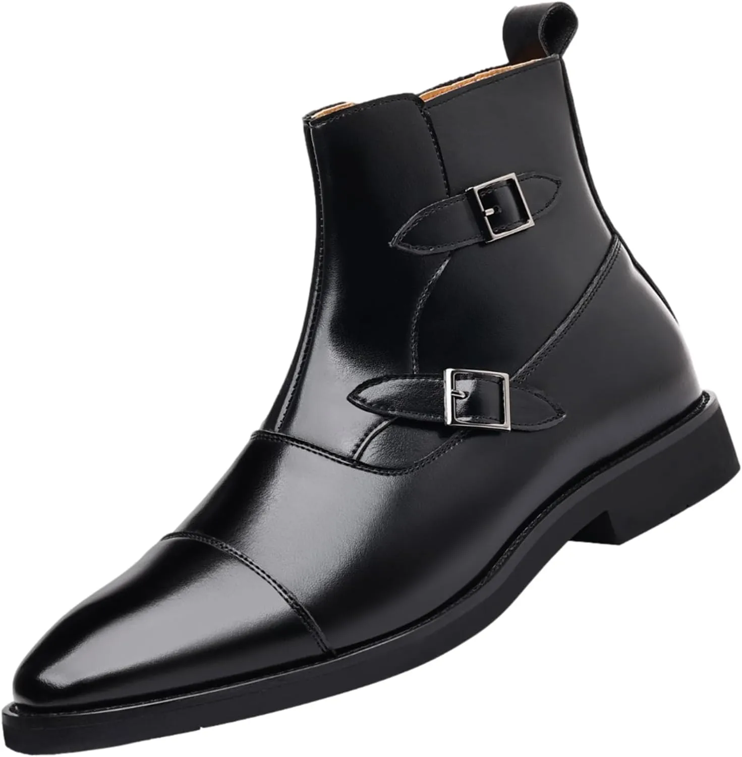 ANUFER Men's Elegant Pointed Toe Buckle Straps Zipper Ankle Boots Faux Leather Dress Boots