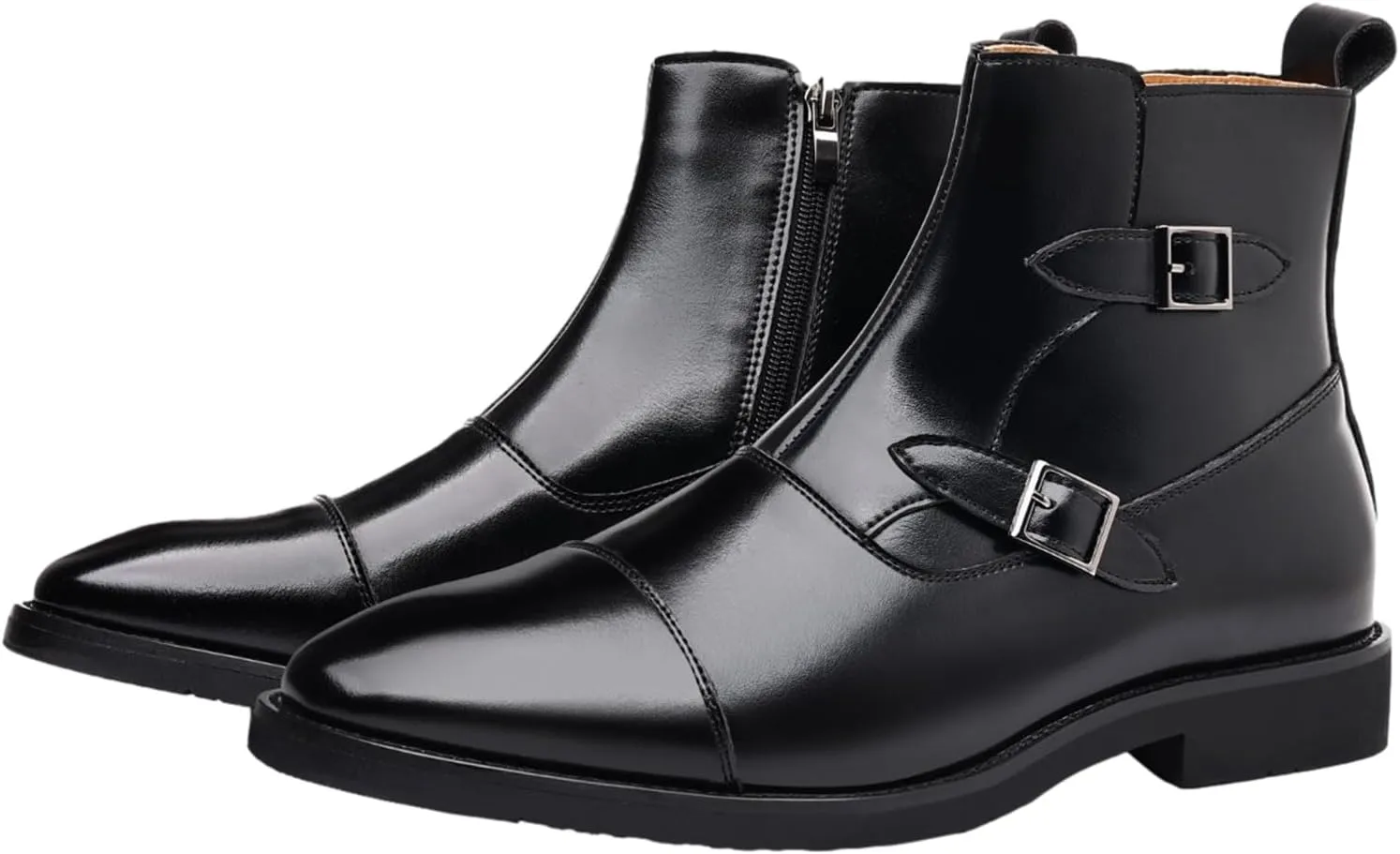 ANUFER Men's Elegant Pointed Toe Buckle Straps Zipper Ankle Boots Faux Leather Dress Boots