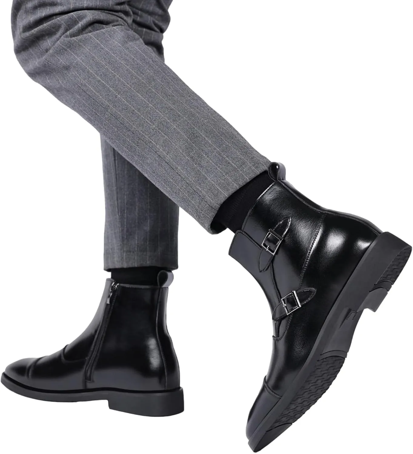 ANUFER Men's Elegant Pointed Toe Buckle Straps Zipper Ankle Boots Faux Leather Dress Boots