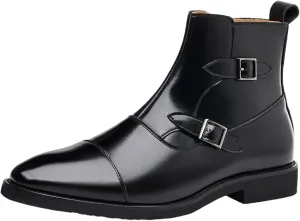 ANUFER Men's Elegant Pointed Toe Buckle Straps Zipper Ankle Boots Faux Leather Dress Boots