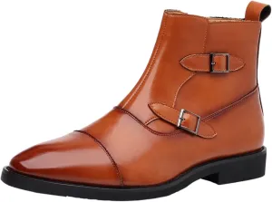 ANUFER Men's Elegant Pointed Toe Buckle Straps Zipper Ankle Boots Faux Leather Dress Boots