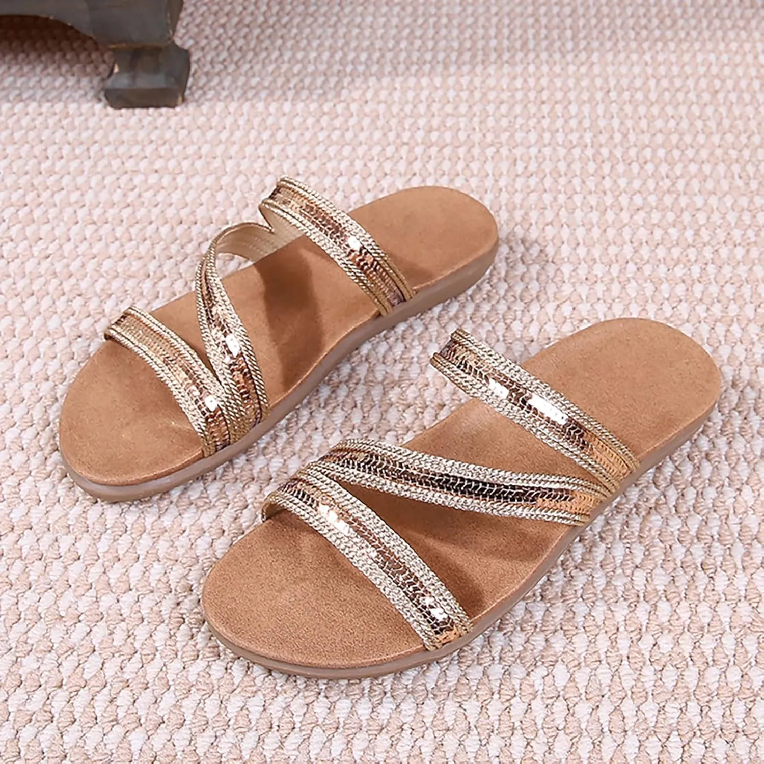 BILIKEYU Womens Slip on Slides Sandals Open Toe Crisscross Straps Thick Cushion Anti-Slip Lightweight Comfortable Flat Sandal