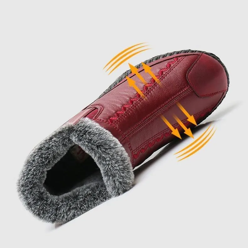 Boxpopla Retro Soft Leather Velvet Women's Winter Mama Shoes,Side Zip Thick Plush Warm Snow Boots Waterproof Super Soft Rubber Sole for Women