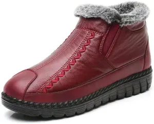 Boxpopla Retro Soft Leather Velvet Women's Winter Mama Shoes,Side Zip Thick Plush Warm Snow Boots Waterproof Super Soft Rubber Sole for Women