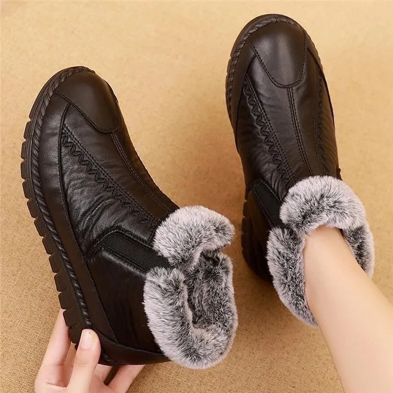 Boxpopla Retro Soft Leather Velvet Women's Winter Mama Shoes,Side Zip Thick Plush Warm Snow Boots Waterproof Super Soft Rubber Sole for Women