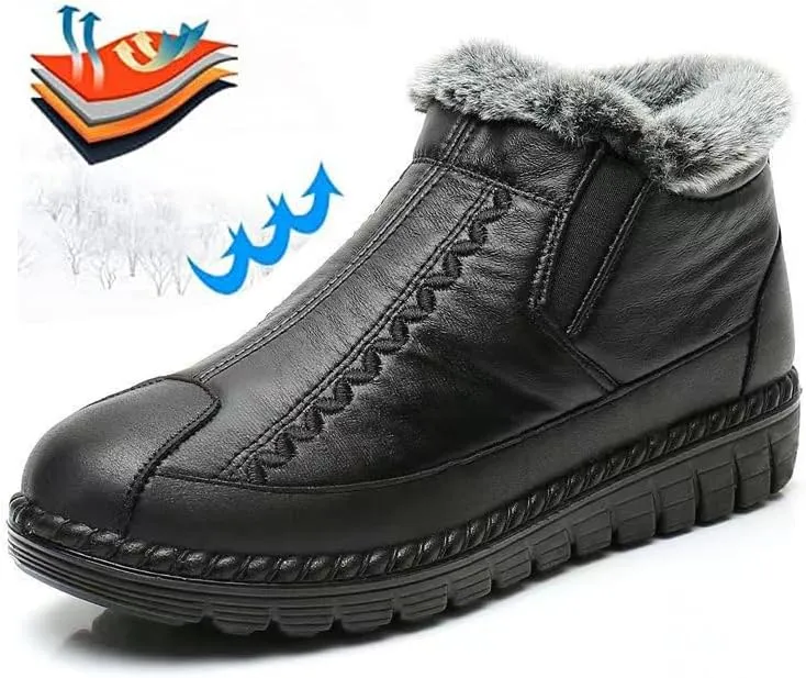 Boxpopla Retro Soft Leather Velvet Women's Winter Mama Shoes,Side Zip Thick Plush Warm Snow Boots Waterproof Super Soft Rubber Sole for Women