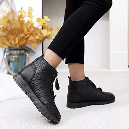 Boxpopla Retro Soft Leather Velvet Women's Winter Mama Shoes,Side Zip Thick Plush Warm Snow Boots Waterproof Super Soft Rubber Sole for Women