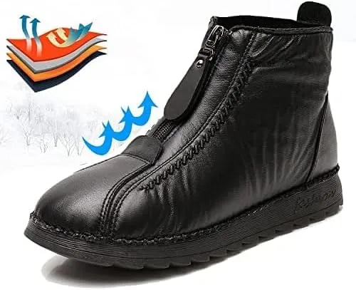 Boxpopla Retro Soft Leather Velvet Women's Winter Mama Shoes,Side Zip Thick Plush Warm Snow Boots Waterproof Super Soft Rubber Sole for Women