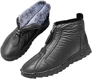 Boxpopla Retro Soft Leather Velvet Women's Winter Mama Shoes,Side Zip Thick Plush Warm Snow Boots Waterproof Super Soft Rubber Sole for Women