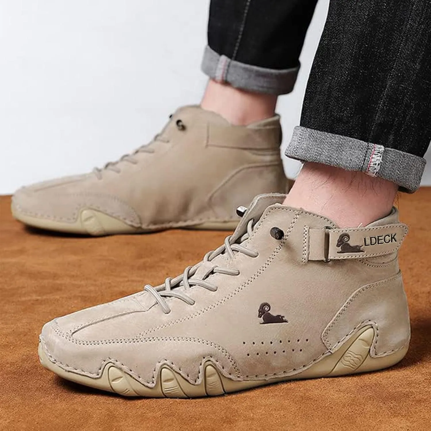 Braised Pork Italian Handmade Suede High Boots,Men's Soft Leather Casual Sneakers Non-Slip Breathable High Boots (US-11.5,Khaki)