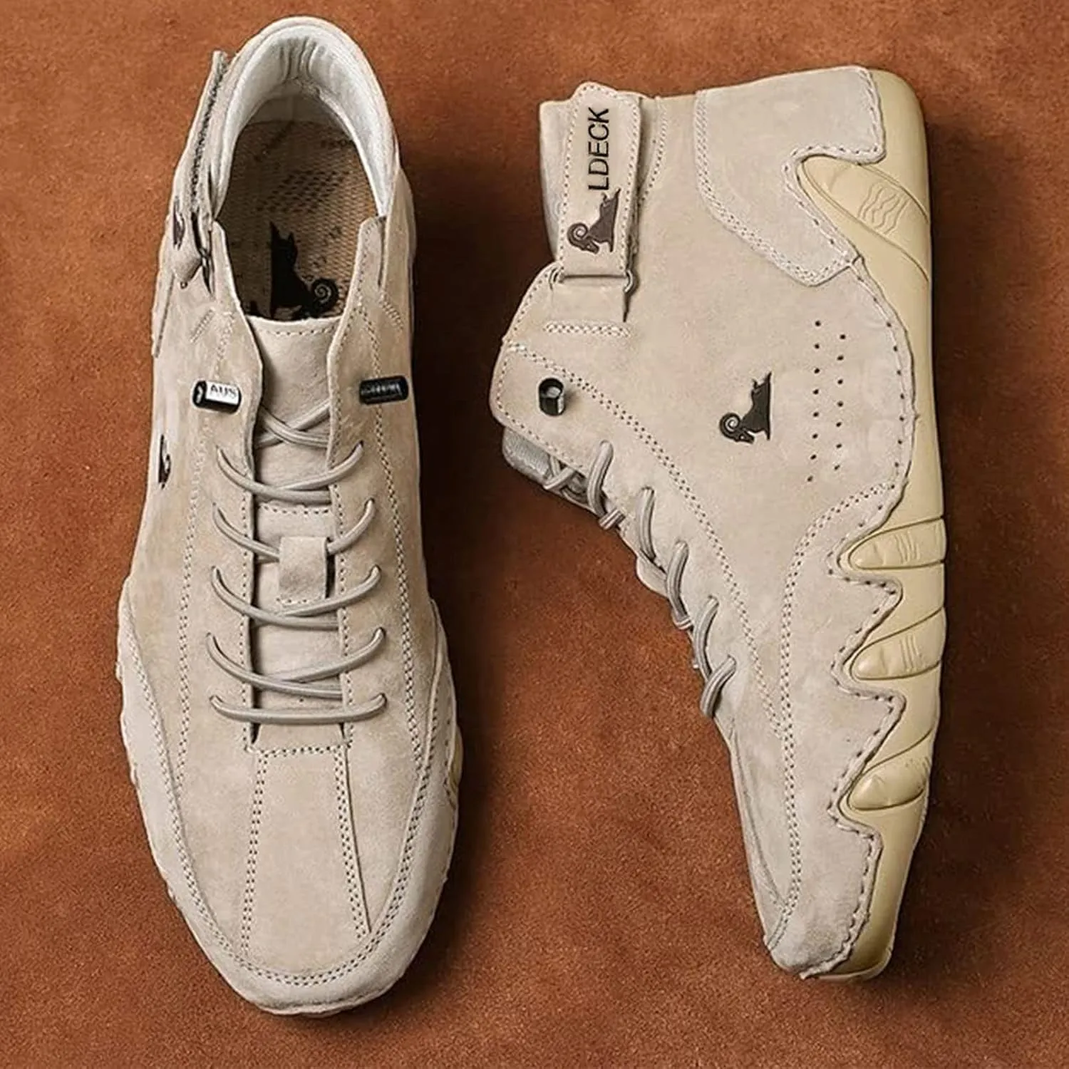 Braised Pork Italian Handmade Suede High Boots,Men's Soft Leather Casual Sneakers Non-Slip Breathable High Boots (US-11.5,Khaki)