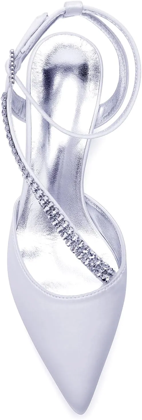 Bridal Shoes Low Heel Rhinestones Satin Strappy Wedding Shoes 4.5CM Pointed Closed Toe Women Party Ankle Strap Sandals Pumps for Prom
