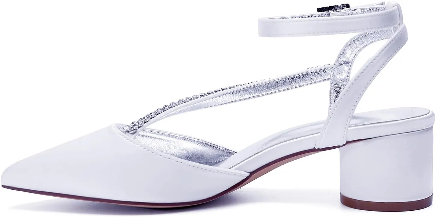 Bridal Shoes Low Heel Rhinestones Satin Strappy Wedding Shoes 4.5CM Pointed Closed Toe Women Party Ankle Strap Sandals Pumps for Prom