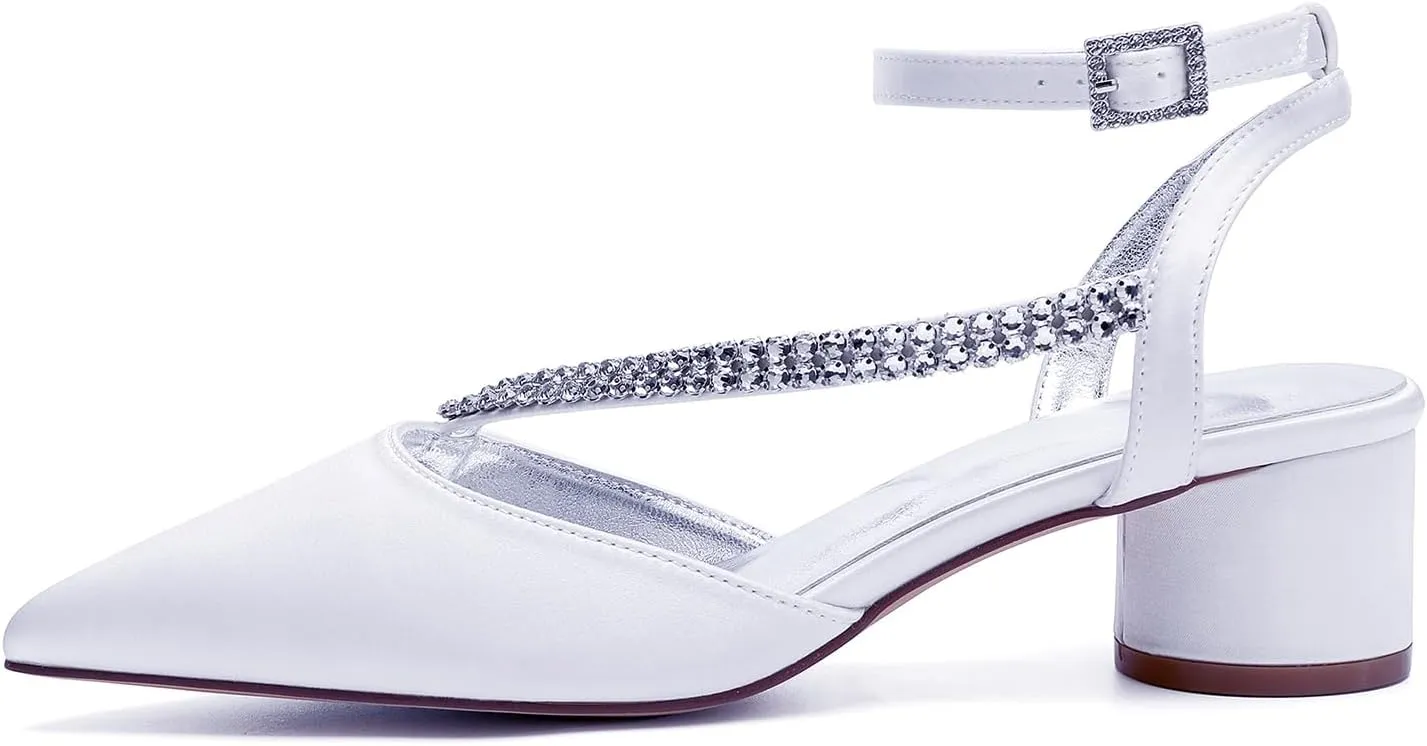 Bridal Shoes Low Heel Rhinestones Satin Strappy Wedding Shoes 4.5CM Pointed Closed Toe Women Party Ankle Strap Sandals Pumps for Prom