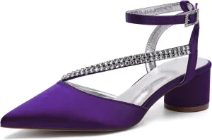 Bridal Shoes Low Heel Rhinestones Satin Strappy Wedding Shoes 4.5CM Pointed Closed Toe Women Party Ankle Strap Sandals Pumps for Prom