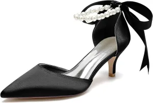 Closed Toe Pearl Kitten Heels Satin Wedding Shoes for Bride Low Heels with Bow Bridal Heels for Women Prom Evening Party Dress Shoes Pumps