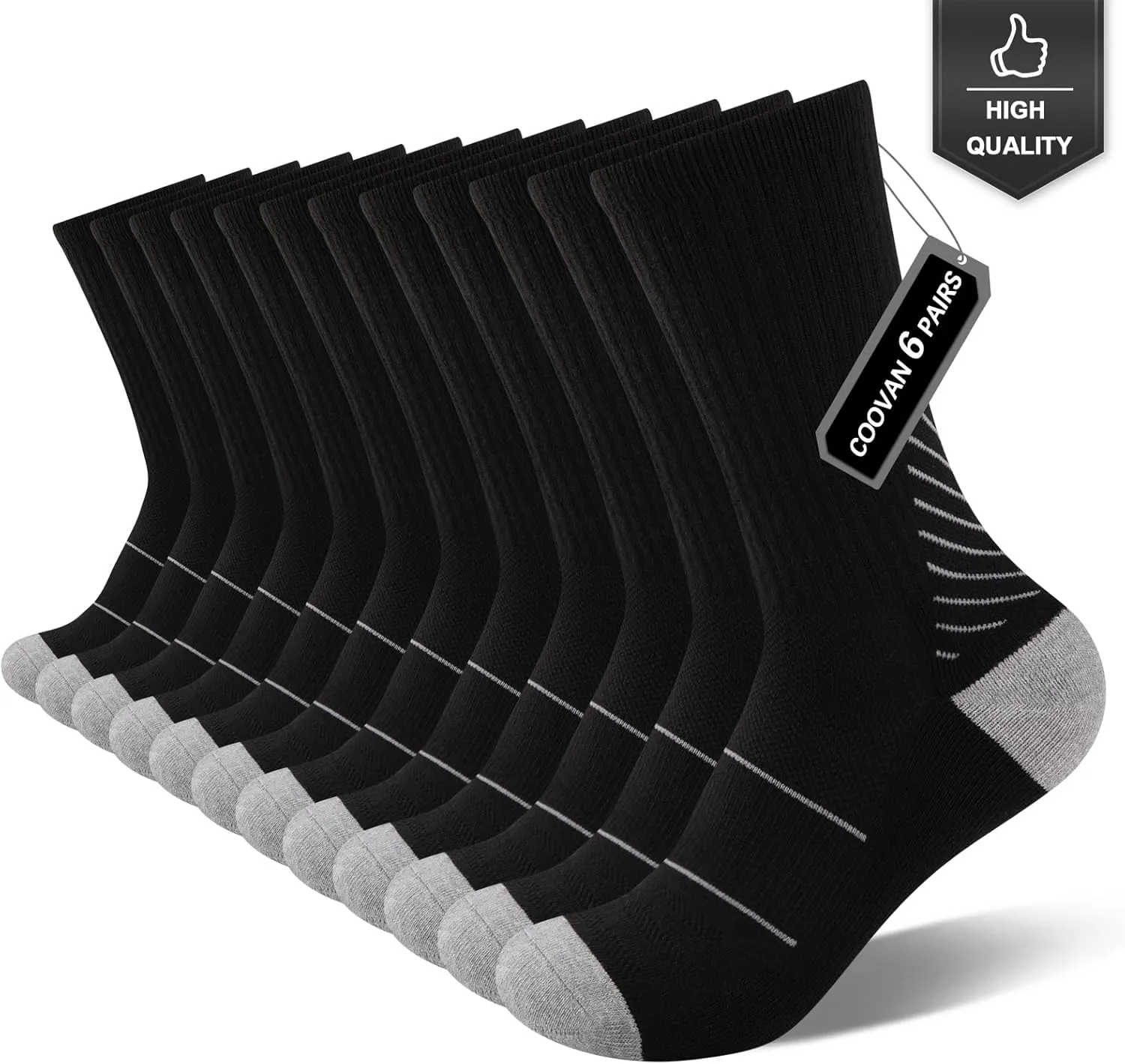 COOVAN Men's 6P-Pack Premium Athletic Crew Socks Men Thick Cushion Casual Work Sock With Moisture Wicking