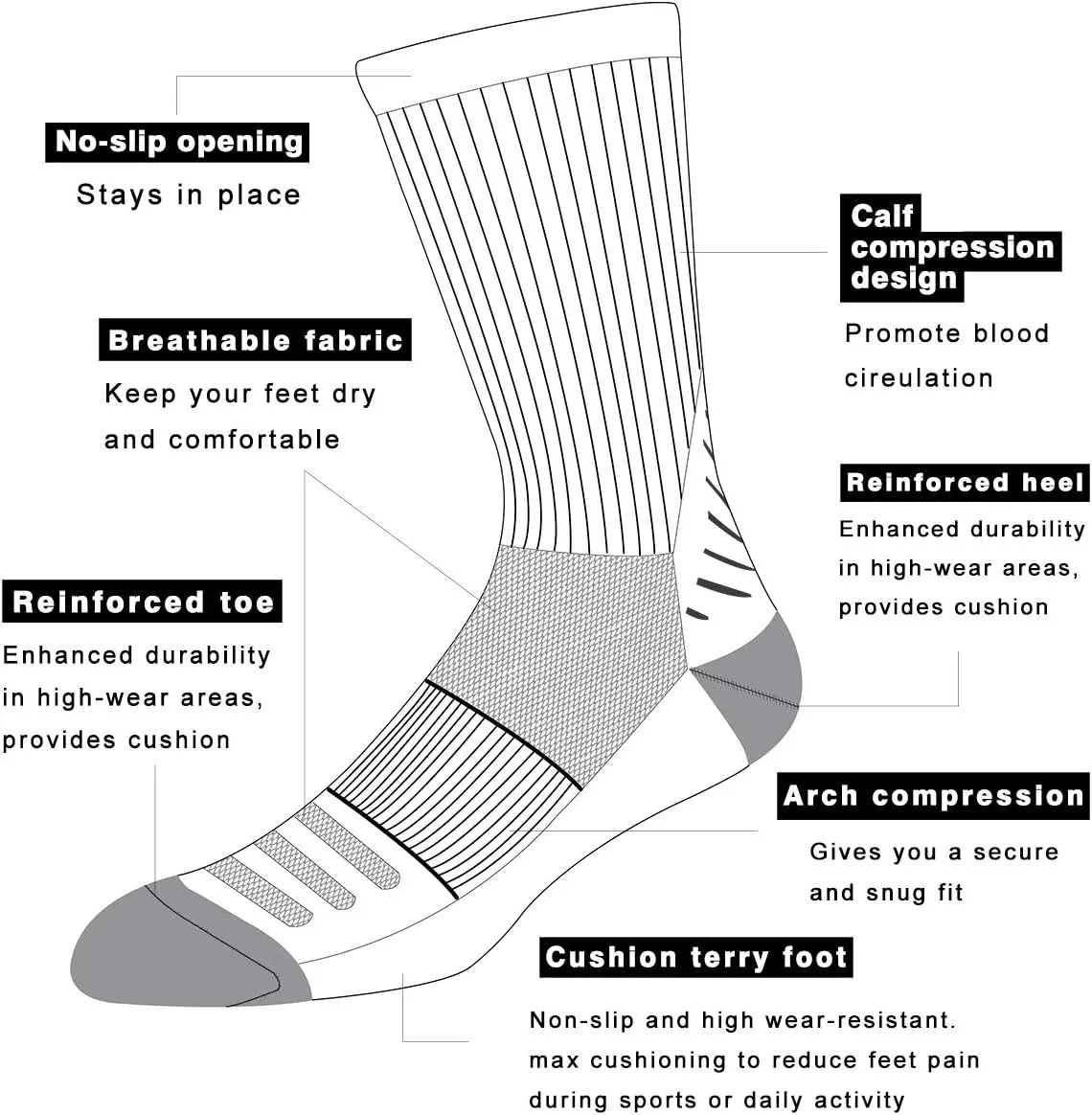 COOVAN Men's 6P-Pack Premium Athletic Crew Socks Men Thick Cushion Casual Work Sock With Moisture Wicking