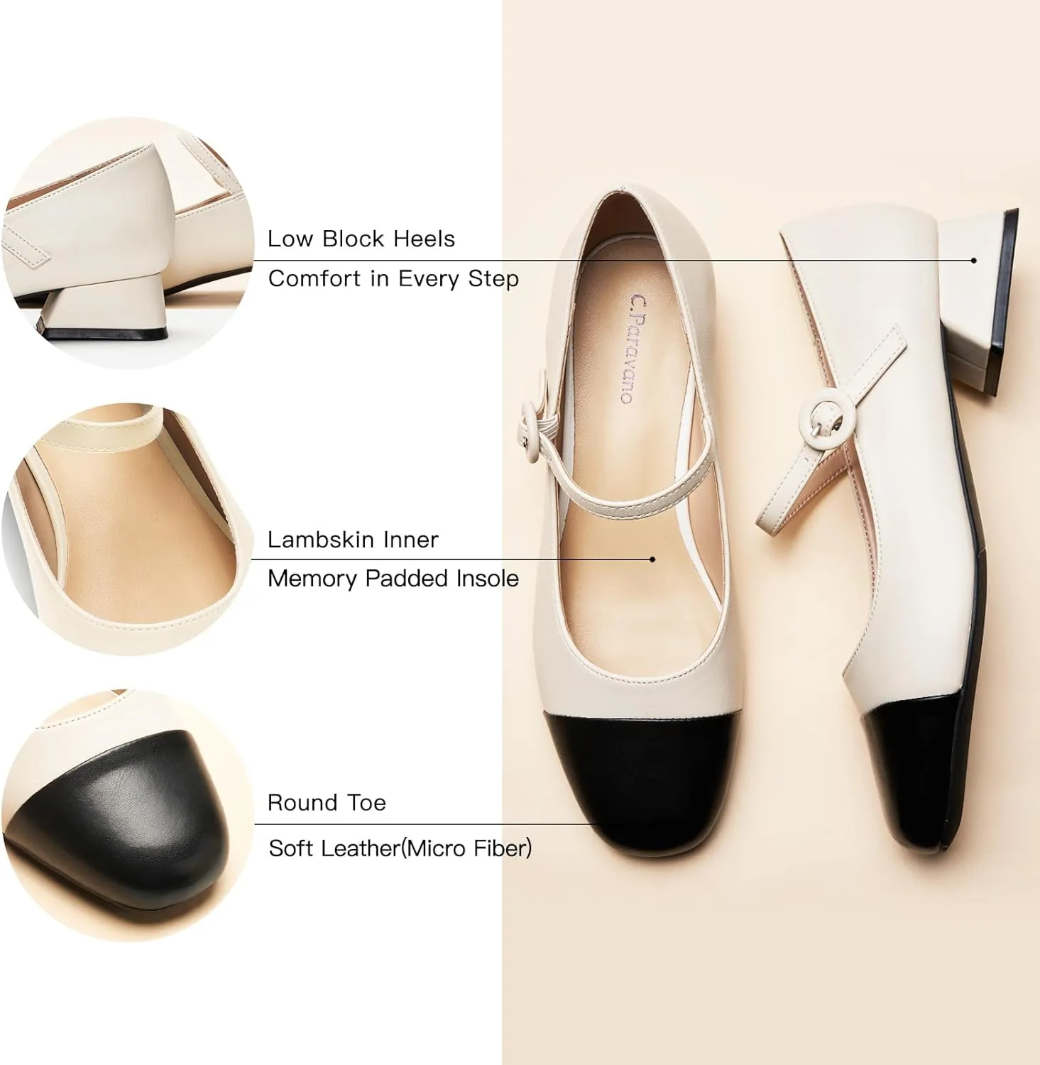 C.Paravano Women's Mary Jane Pumps Low Block Heel Ankle Strap Round Toe - Comfortable Dress Shoes for Work,Party,Wedding, Formal Events & Casual Outfits