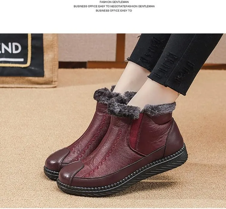 CROSSBABY Women's Retro Soft Leather Thick Plush Warm Snow Boots,Warm Faux Fur Shearling Lining Ankle Boots
