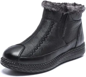 CROSSBABY Women's Retro Soft Leather Thick Plush Warm Snow Boots,Warm Faux Fur Shearling Lining Ankle Boots