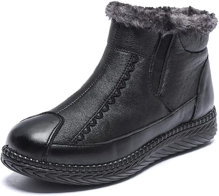 CROSSBABY Women's Retro Soft Leather Thick Plush Warm Snow Boots,Warm Faux Fur Shearling Lining Ankle Boots