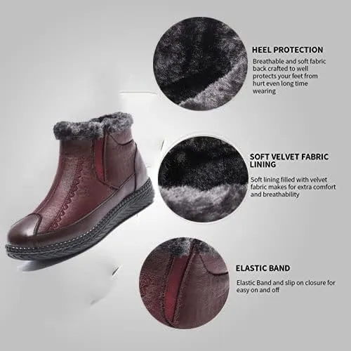 CROSSBABY Women's Retro Soft Leather Thick Plush Warm Snow Boots,Warm Faux Fur Shearling Lining Ankle Boots