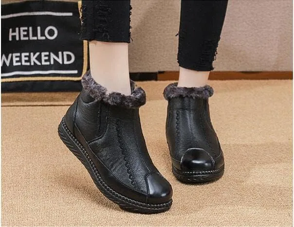 CROSSBABY Women's Retro Soft Leather Thick Plush Warm Snow Boots,Warm Faux Fur Shearling Lining Ankle Boots