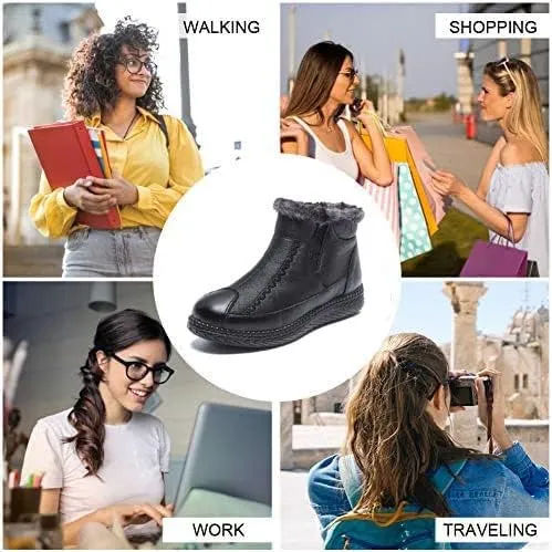 CROSSBABY Women's Retro Soft Leather Thick Plush Warm Snow Boots,Warm Faux Fur Shearling Lining Ankle Boots