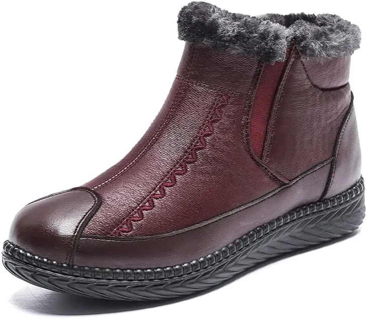 CROSSBABY Women's Retro Soft Leather Thick Plush Warm Snow Boots,Warm Faux Fur Shearling Lining Ankle Boots