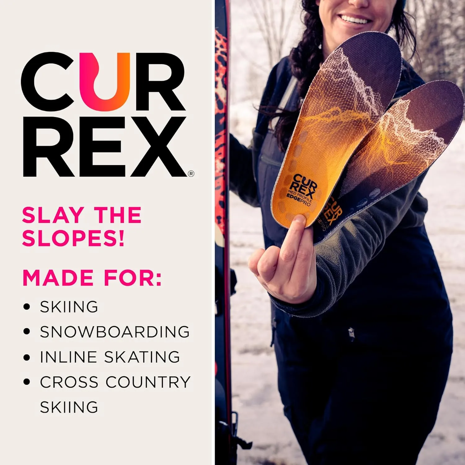 CURREX EdgePro Thermo Regulating Ski Boot Insoles for Snowboarding, Skiing, & Winter Sports – Ski Boot Inserts with Shock Absorbing Cushioning – for Men & Women – High Arch, Medium