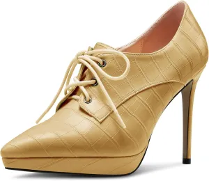 DearOnly Womens Stiletto High Platform Heel Pointed Toe Ankle Boots Short Bootie Lace-up Office Dress 3.9 Inches Heels