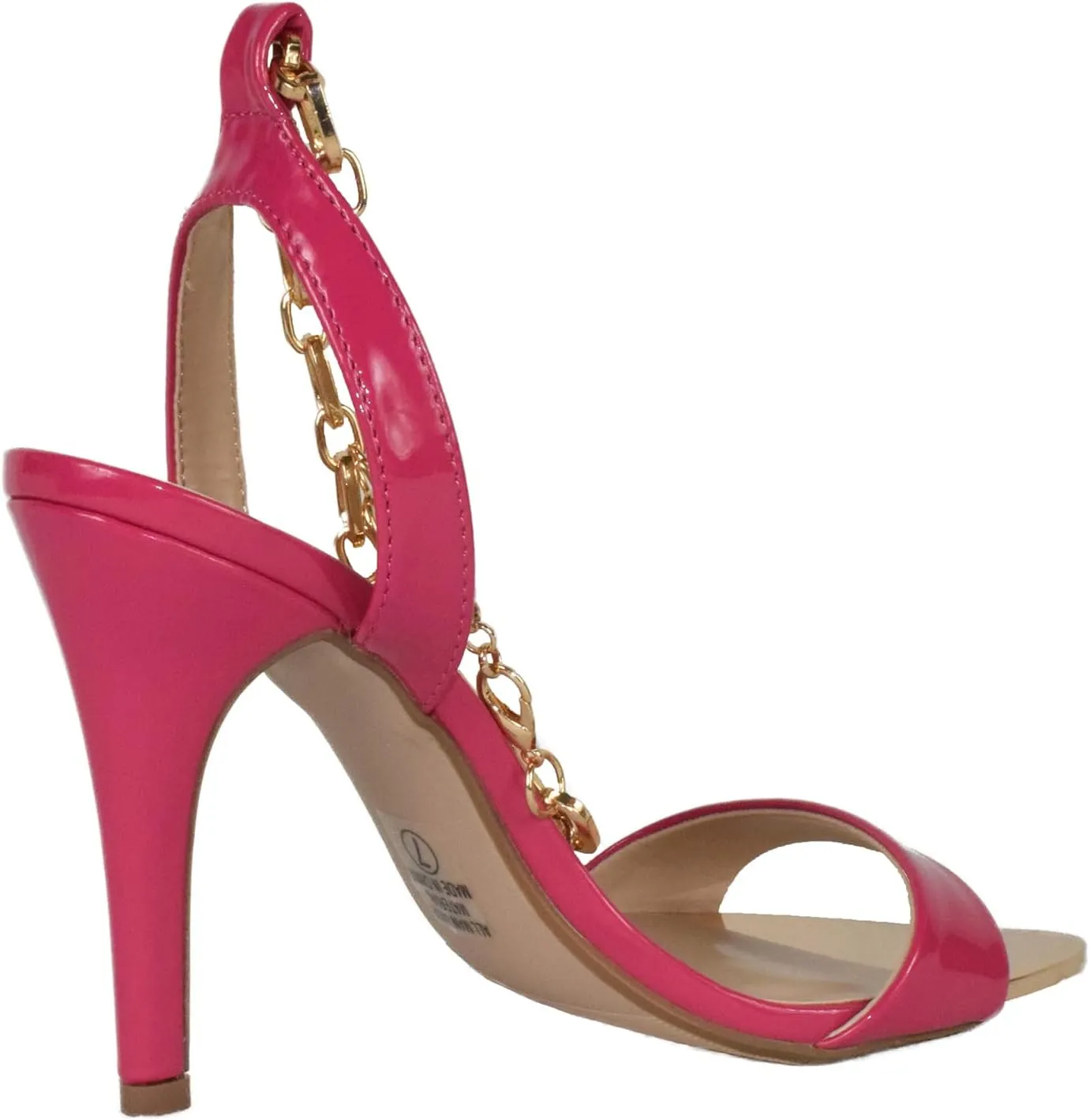 Delicious Shoe's Women Stiletto High Heels Anklet Gold Chain Lock Ankle Strap Open Peep Toe Pointed Reflective Surface Golden Mirror Scarlet-S