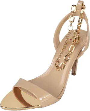 Delicious Shoe's Women Stiletto High Heels Anklet Gold Chain Lock Ankle Strap Open Peep Toe Pointed Reflective Surface Golden Mirror Scarlet-S
