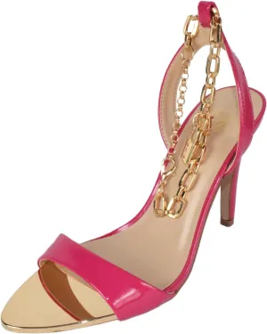 Delicious Shoe's Women Stiletto High Heels Anklet Gold Chain Lock Ankle Strap Open Peep Toe Pointed Reflective Surface Golden Mirror Scarlet-S