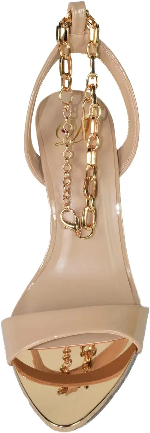 Delicious Shoe's Women Stiletto High Heels Anklet Gold Chain Lock Ankle Strap Open Peep Toe Pointed Reflective Surface Golden Mirror Scarlet-S