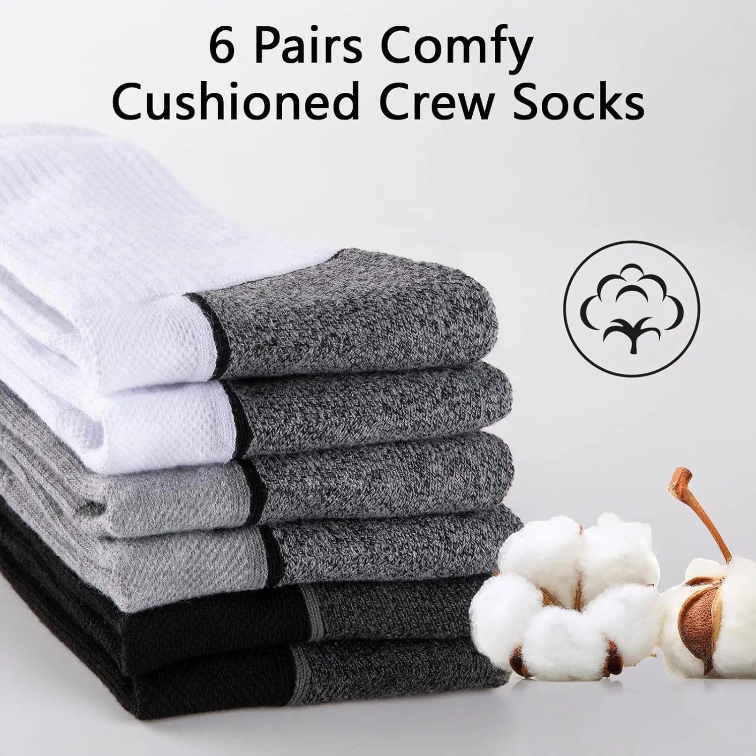 eAllco Men's Crew Socks - Running & Work Boot Socks, Moisture Wicking, Thick Cushion, 6 Pairs