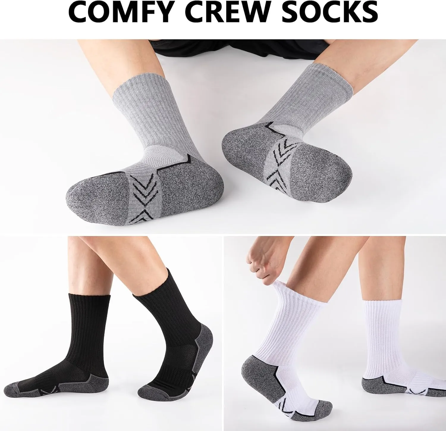 eAllco Men's Crew Socks - Running & Work Boot Socks, Moisture Wicking, Thick Cushion, 6 Pairs