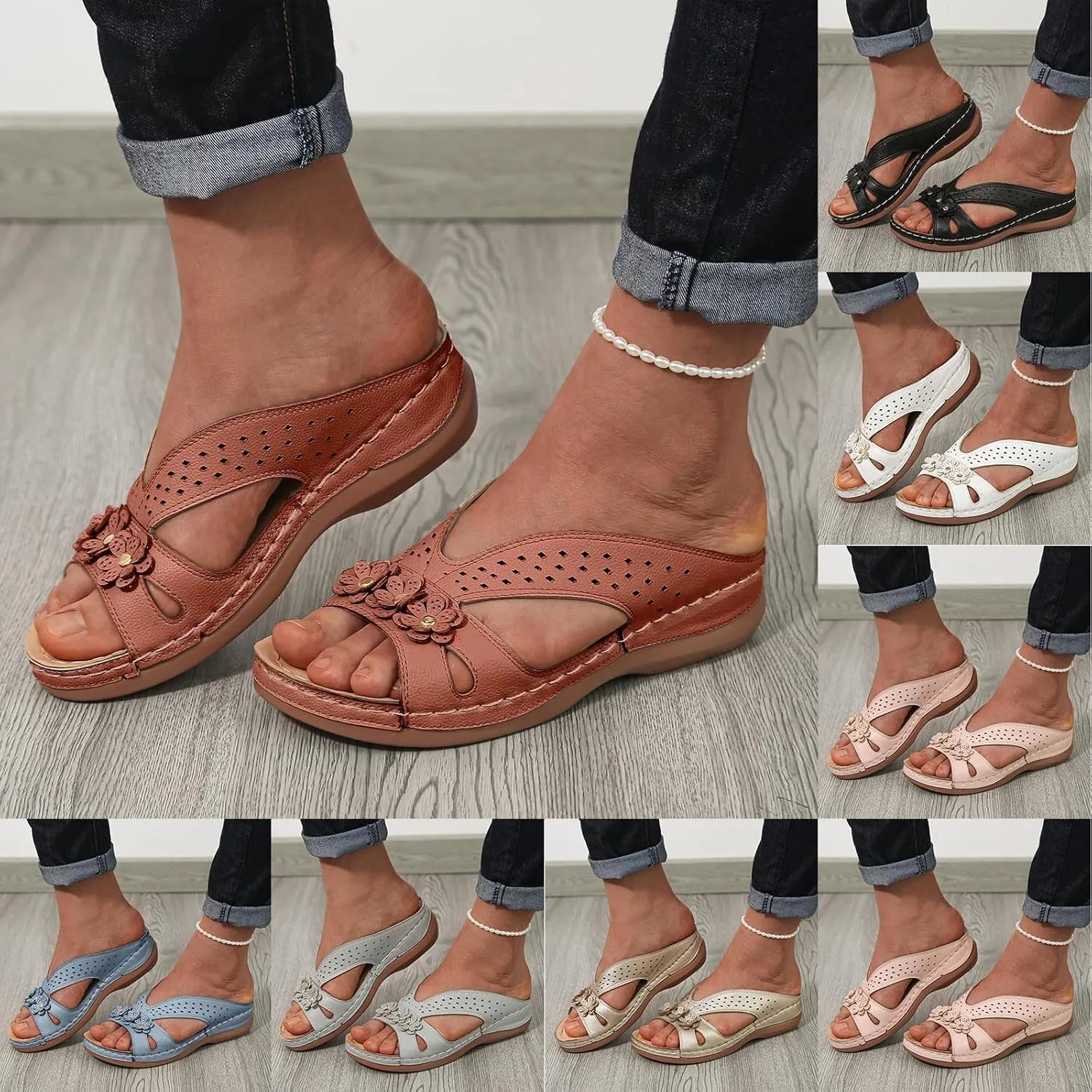 Eduavar Womens Sandals Summer Fashion Orthotic Slides Ladies Lightweight Athletic Yoga Mat Slip On Thick Cushion Slippers