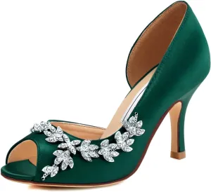 ELEGANTPARK Wedding Heels for Women Peep Toe Wedding Shoes for Bride High Heel Pumps Rhinestones Bridal Shoes Satin Evening Party Prom Dress Pumps