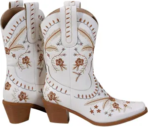Embroidery Floral Western Boots Square Toe Block Heel Cowboy Cowgirl Boots Vintage Soft Leather Chunky Low Heel Ankle Boots Short Boots Fashion Booties