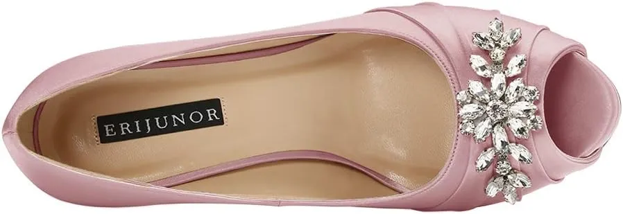 ERIJUNOR Peep Toe Mid Heels for Woman Rhinestones Satin Evening Prom Wedding Shoes