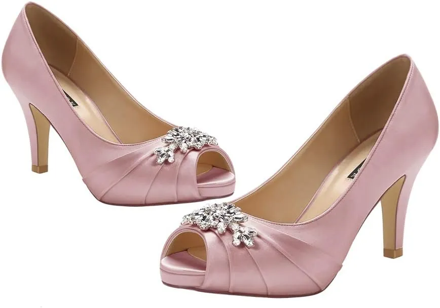 ERIJUNOR Peep Toe Mid Heels for Woman Rhinestones Satin Evening Prom Wedding Shoes